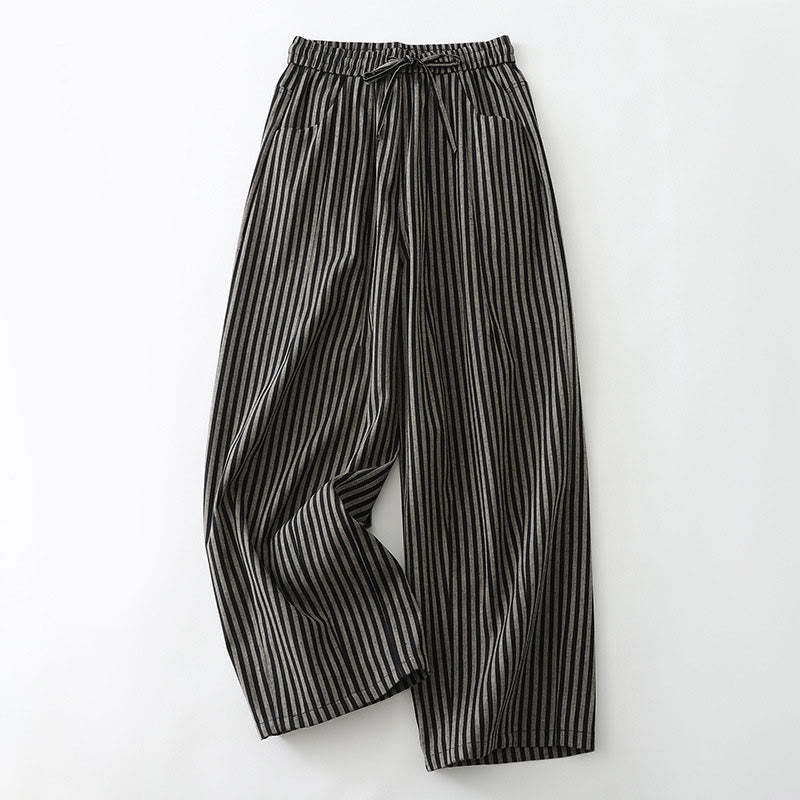Buddha Stones Commute Striped Drawstring Design Women's Wide Leg Cotton Pants With Pockets - Black - US8-10，UK/AU12-14，EU40-42 (2XL) - image 0