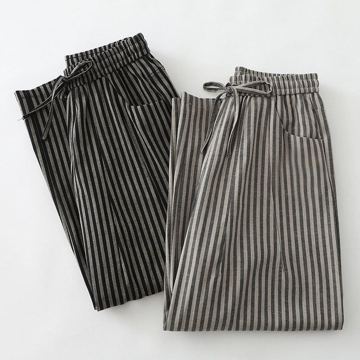 Buddha Stones Commute Striped Drawstring Design Women's Wide Leg Cotton Pants With Pockets - image 16