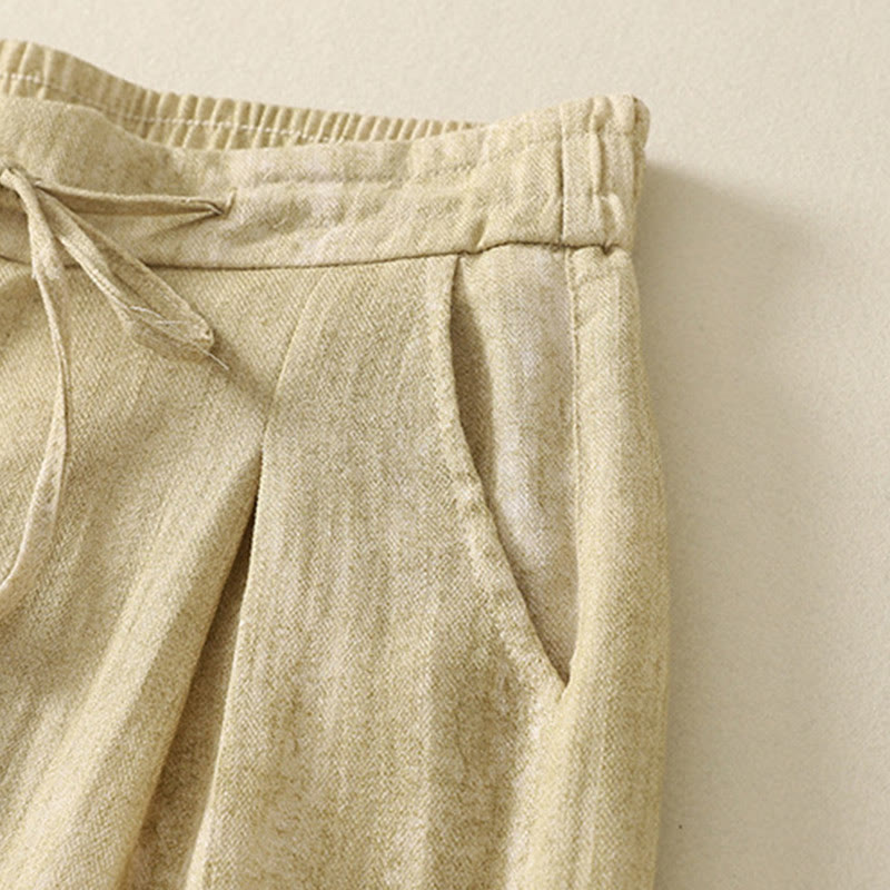 Buddha Stones Summer Plain Drawstring Zipper Design Women's Wide Leg Cotton Pants With Pockets - image 6