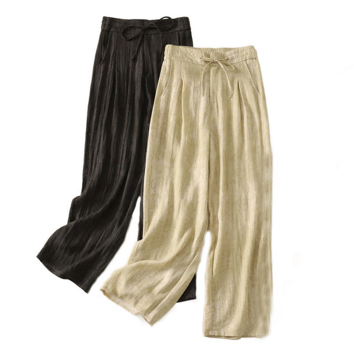 Buddha Stones Summer Plain Drawstring Zipper Design Women's Wide Leg Cotton Pants With Pockets - image 17