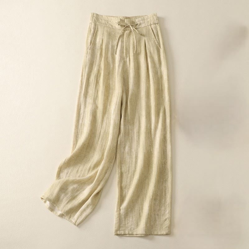 Buddha Stones Summer Plain Drawstring Zipper Design Women's Wide Leg Cotton Pants With Pockets - LemonChiffon - US12，UK/AU16，EU44 (2XL) - image 0