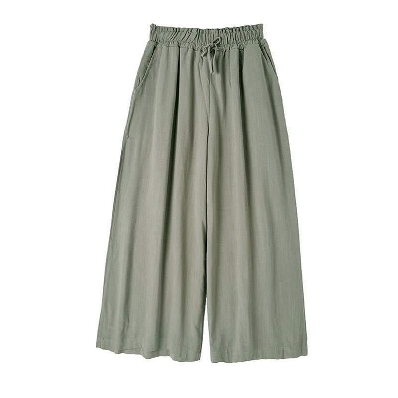 Buddha Stones Commute Plain Simple Lace-Up Design Women's Wide Leg Cotton Linen Pants With Pockets - image 9