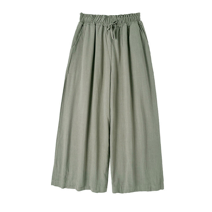 Buddha Stones Commute Plain Simple Lace-Up Design Women's Wide Leg Cotton Linen Pants With Pockets - image 9