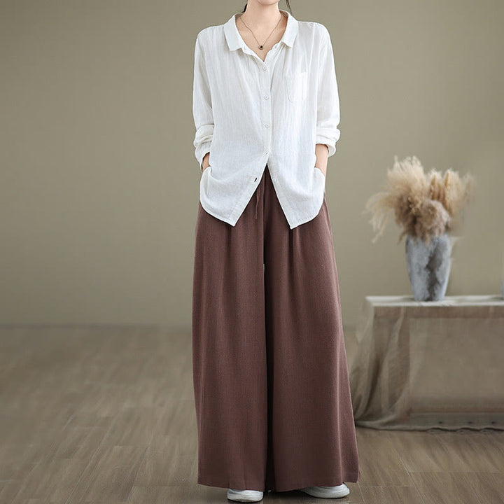 Buddha Stones Commute Plain Simple Lace-Up Design Women's Wide Leg Cotton Linen Pants With Pockets - image 15