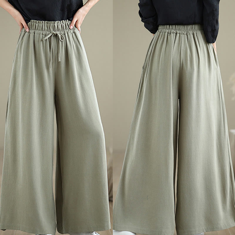 Buddha Stones Commute Plain Simple Lace-Up Design Women's Wide Leg Cotton Linen Pants With Pockets - image 8