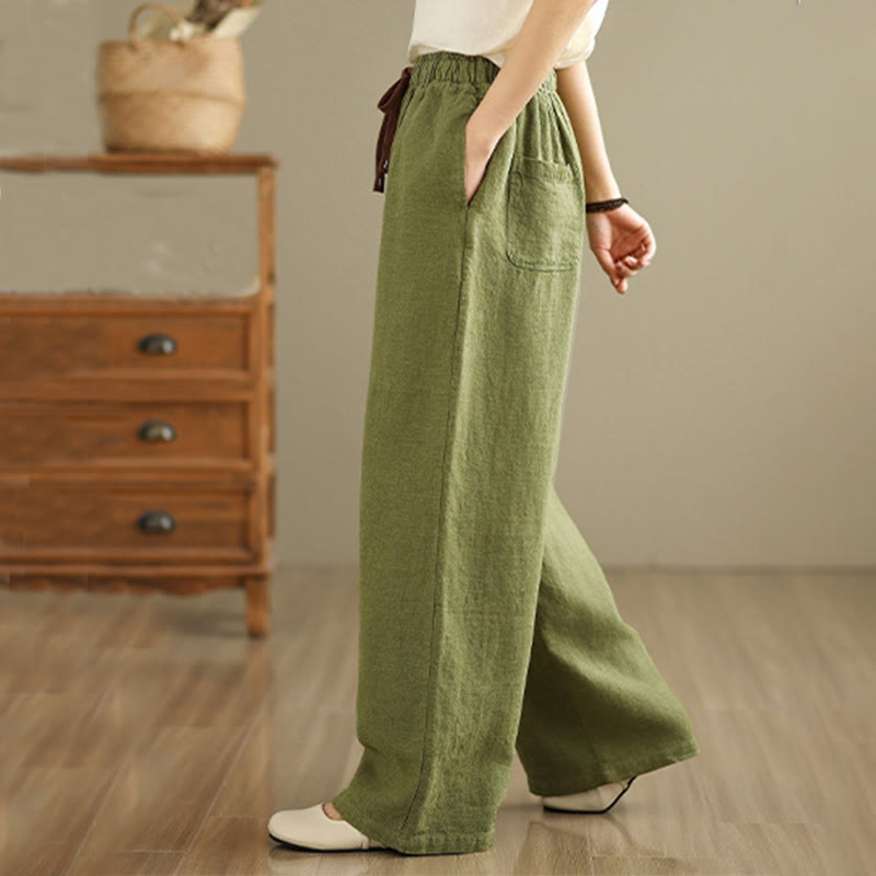 Buddha Stones Commute Retro Solid Color Women's Harem Drawstring Cotton Pants With Pockets - image 4