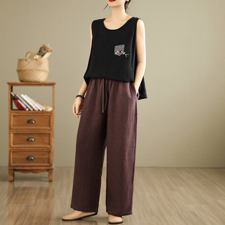 Buddha Stones Commute Retro Solid Color Women's Harem Drawstring Cotton Pants With Pockets - image 10