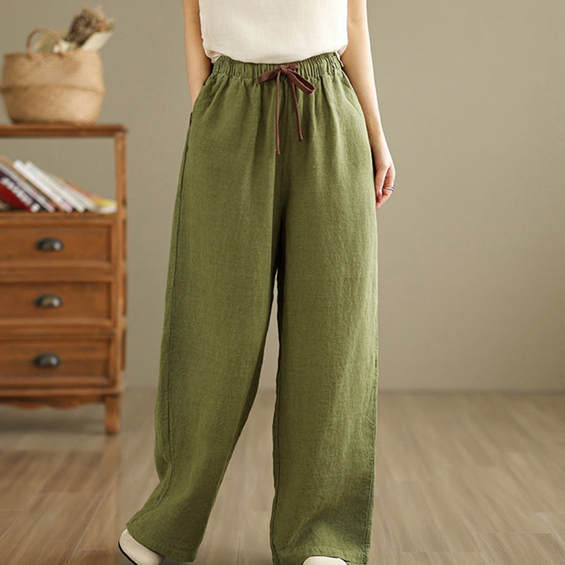 Buddha Stones Commute Retro Solid Color Women's Harem Drawstring Cotton Pants With Pockets - YellowGreen - US8-10，UK/AU12-14，EU40-42 (2XL) - image 0