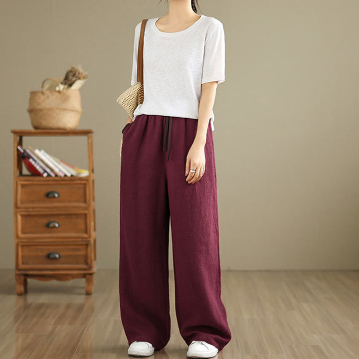 Buddha Stones Commute Retro Solid Color Women's Harem Drawstring Cotton Pants With Pockets - image 23
