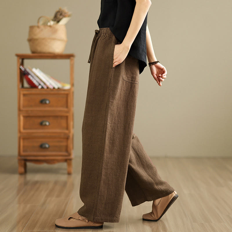 Buddha Stones Commute Retro Solid Color Women's Harem Drawstring Cotton Pants With Pockets - image 17