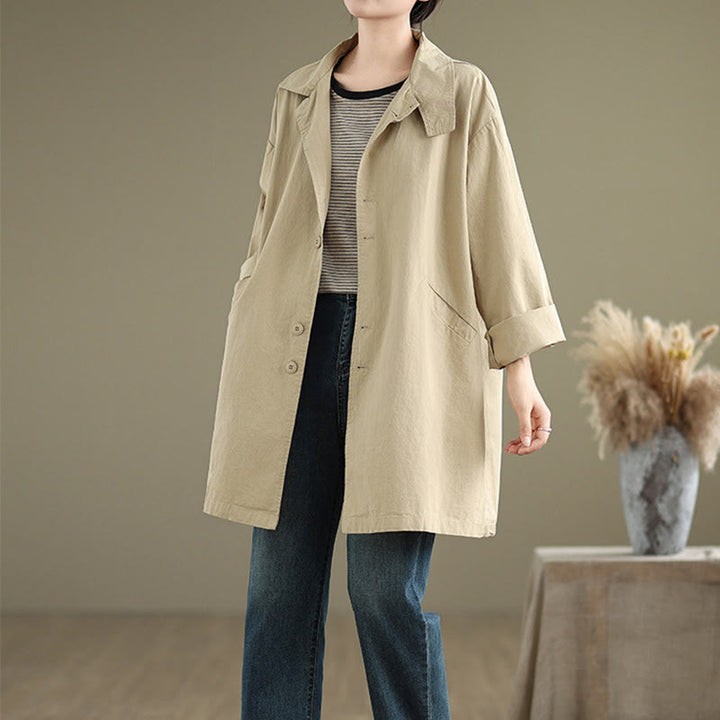 Buddha Stones Spring Plain Buttons Design Long Sleeve Women's Cotton Linen Jacket With Pockets - image 10
