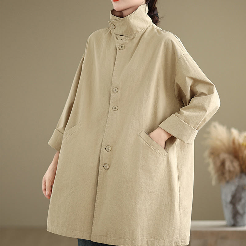 Buddha Stones Spring Plain Buttons Design Long Sleeve Women's Cotton Linen Jacket With Pockets - image 3