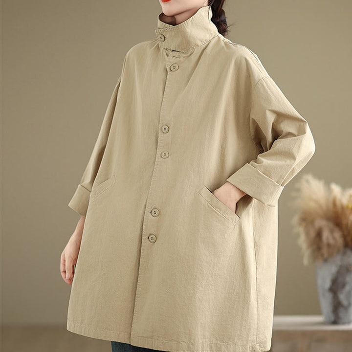 Buddha Stones Spring Plain Buttons Design Long Sleeve Women's Cotton Linen Jacket With Pockets - image 3
