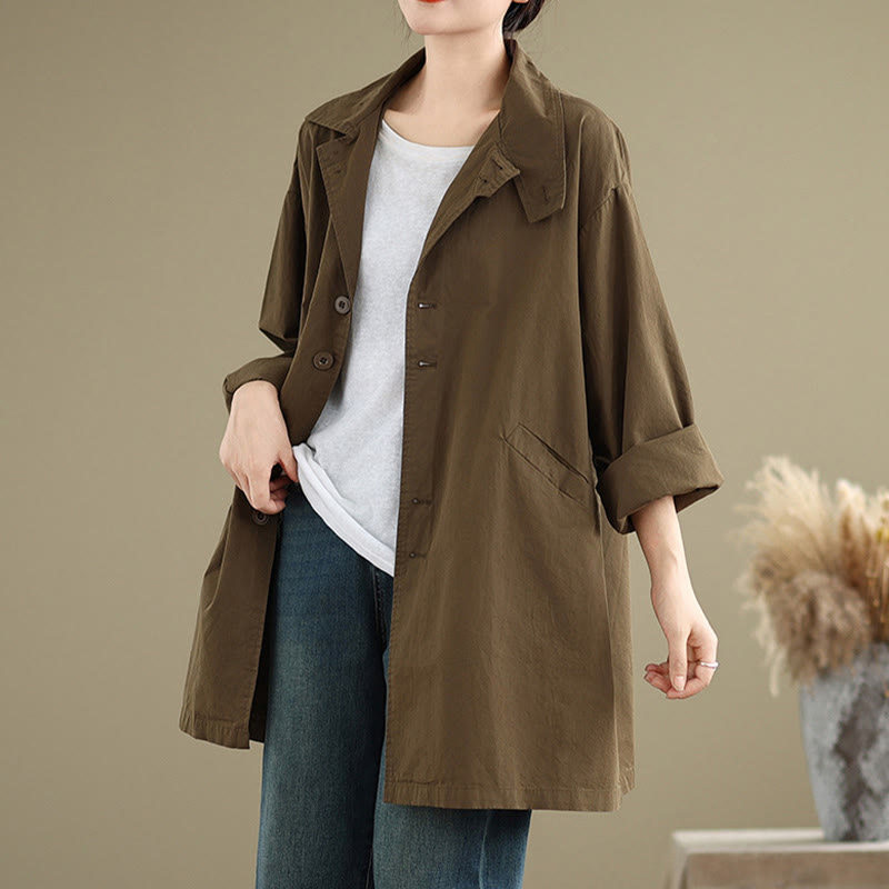Buddha Stones Spring Plain Buttons Design Long Sleeve Women's Cotton Linen Jacket With Pockets - SaddleBrown - US12，UK/AU16，EU44 (XL) - image 16