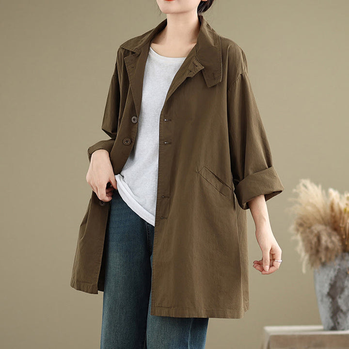 Buddha Stones Spring Plain Buttons Design Long Sleeve Women's Cotton Linen Jacket With Pockets - SaddleBrown - US12，UK/AU16，EU44 (XL) - image 16