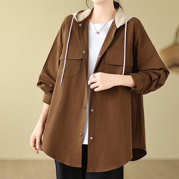 Buddha Stones Casual Commute Drawstring Hoodie Women's Cotton Linen Jacket With Pockets - image 2