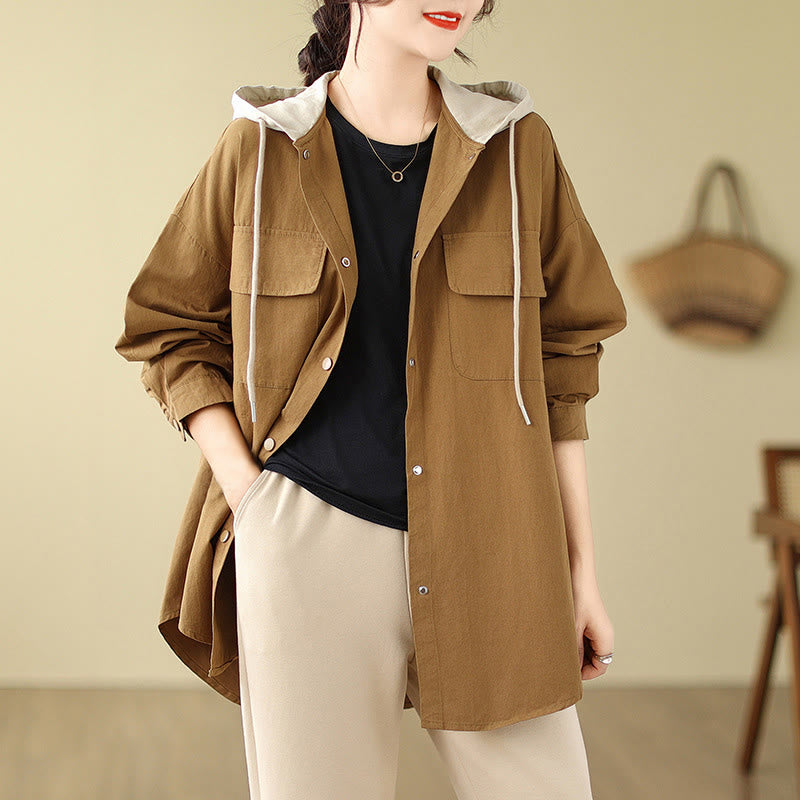 Buddha Stones Casual Commute Drawstring Hoodie Women's Cotton Linen Jacket With Pockets - image 7