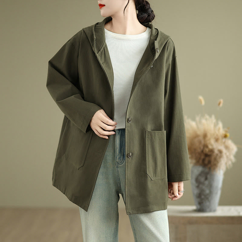 Buddha Stones Fall Vintage Hoodie Women's Cotton Linen Jacket With Front Pockets - OliveDrab - US12，UK/AU16，EU44 (XL) - image 0