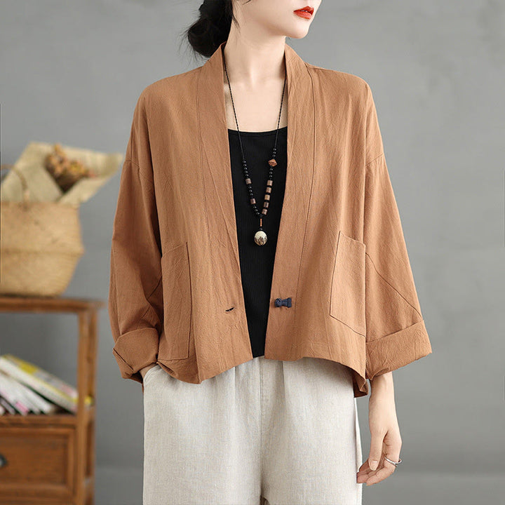 Buddha Stones Casual Vintage Plain Long Sleeve Open Front Cotton Linen Jacket With Pockets - Peru - US14，UK/AU18，EU46 (2XL) - image 0