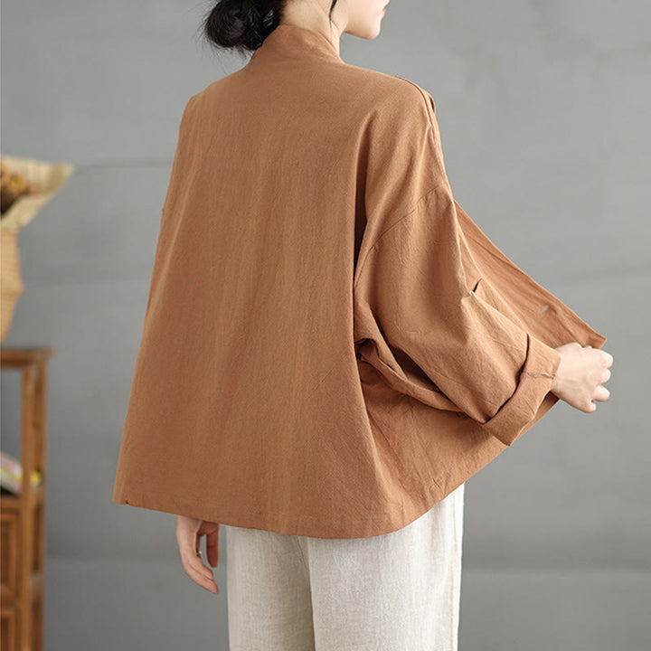 Buddha Stones Casual Vintage Plain Long Sleeve Open Front Cotton Linen Jacket With Pockets - image 1
