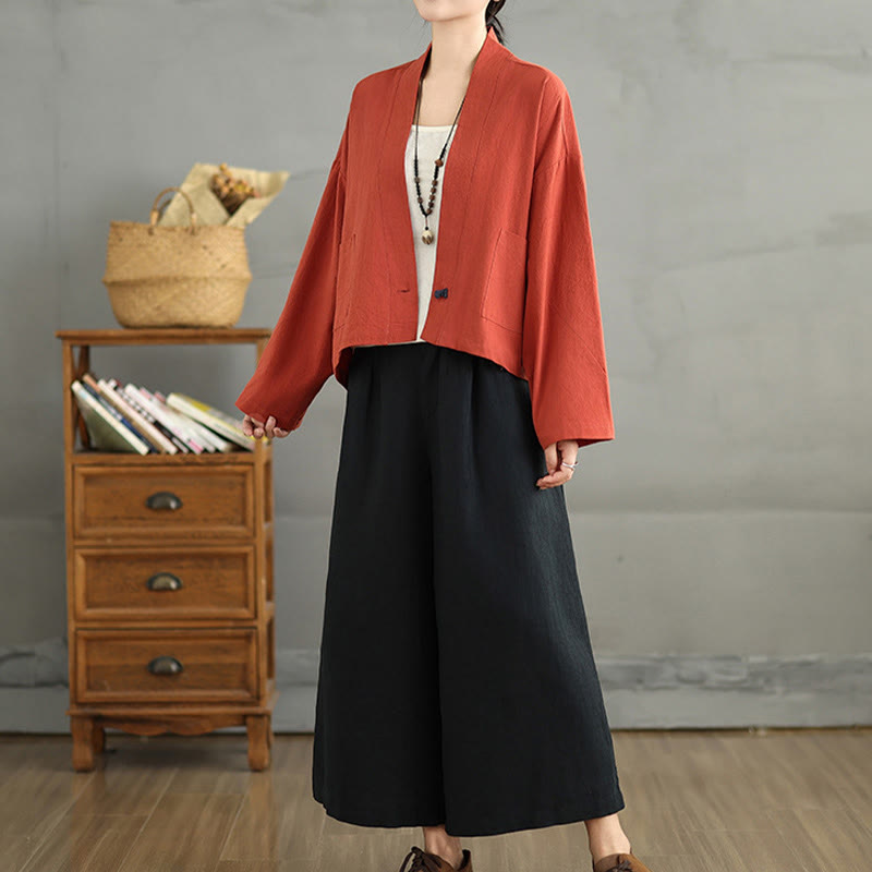 Buddha Stones Casual Vintage Plain Long Sleeve Open Front Cardigan Cotton Linen Jacket With Pockets - image 11