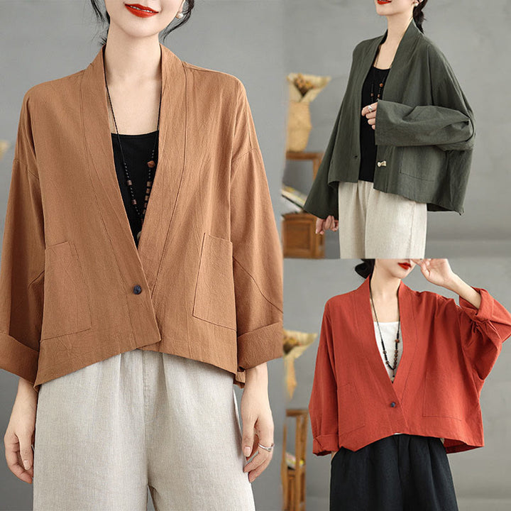 Buddha Stones Casual Vintage Plain Long Sleeve Open Front Cardigan Cotton Linen Jacket With Pockets - image 21