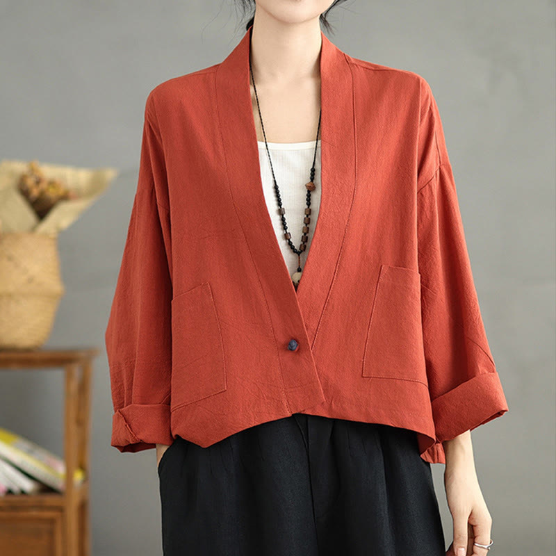 Buddha Stones Casual Vintage Plain Long Sleeve Open Front Cotton Linen Jacket With Pockets - image 9