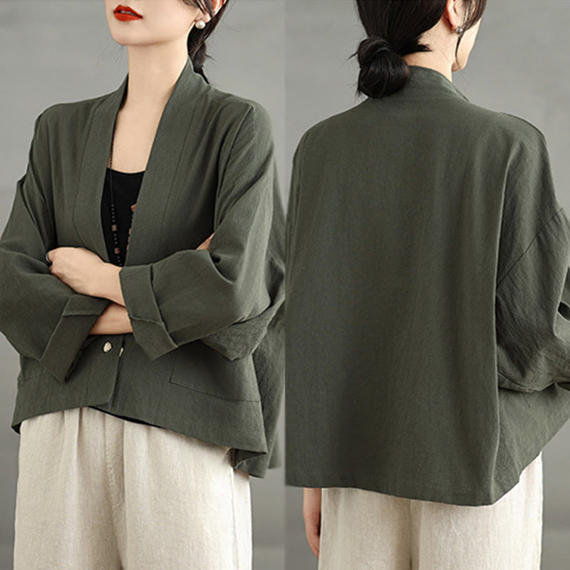 Buddha Stones Casual Vintage Plain Long Sleeve Open Front Cardigan Cotton Linen Jacket With Pockets - image 18
