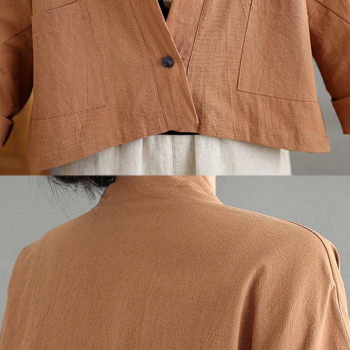 Buddha Stones Casual Vintage Plain Long Sleeve Open Front Cardigan Cotton Linen Jacket With Pockets - image 7