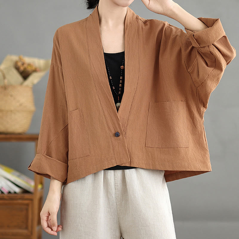 Buddha Stones Casual Vintage Plain Long Sleeve Open Front Cropped Jacket With Pockets - image 2