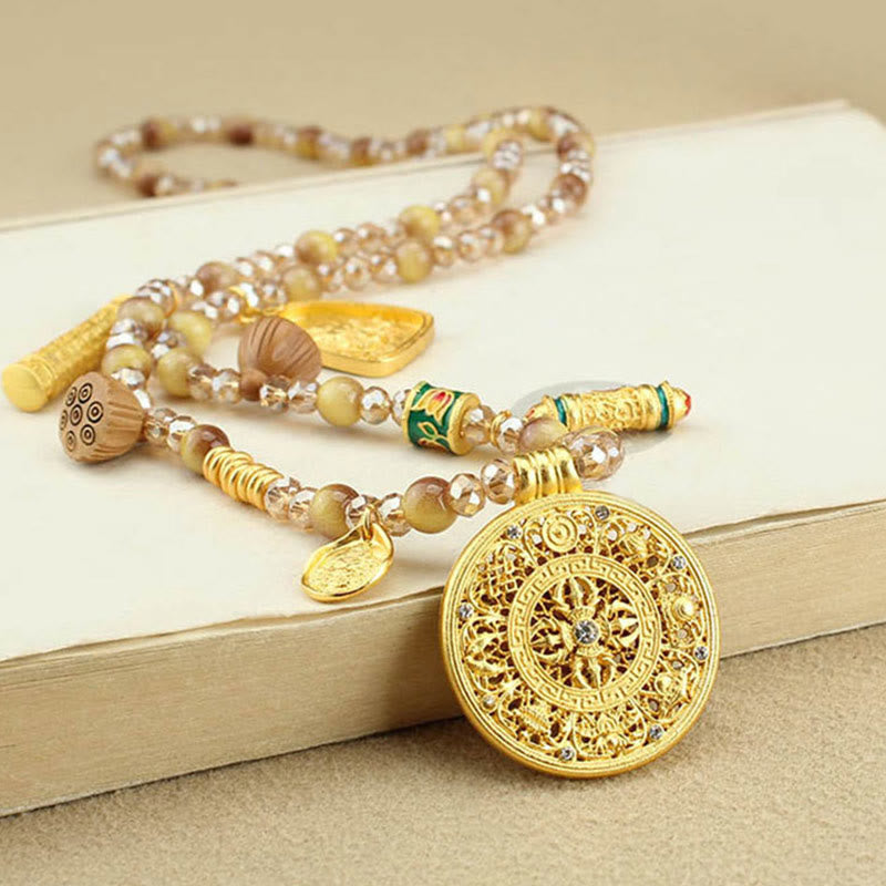 Buddha Stones Tibetan Lotus Round Plate Golden Tiger Eye Beads Necklace Pendant - Eight Treasures Round Plate - image 0