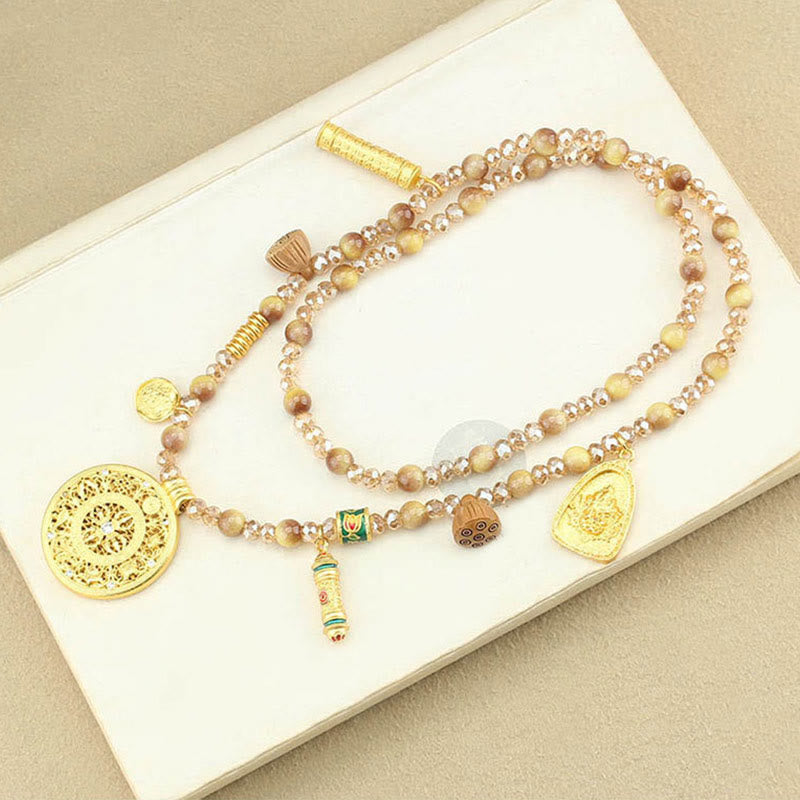 Buddha Stones Tibetan Lotus Round Plate Golden Tiger Eye Beads Necklace Pendant - image 10