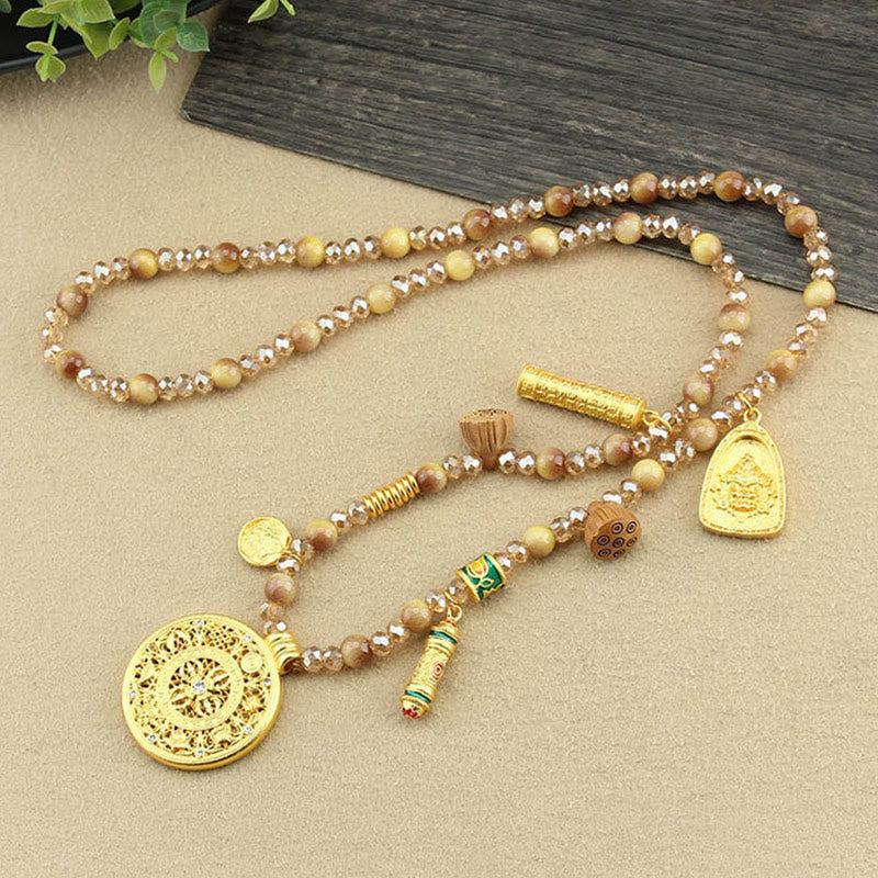 Buddha Stones Tibetan Lotus Round Plate Golden Tiger Eye Beads Necklace Pendant - image 3
