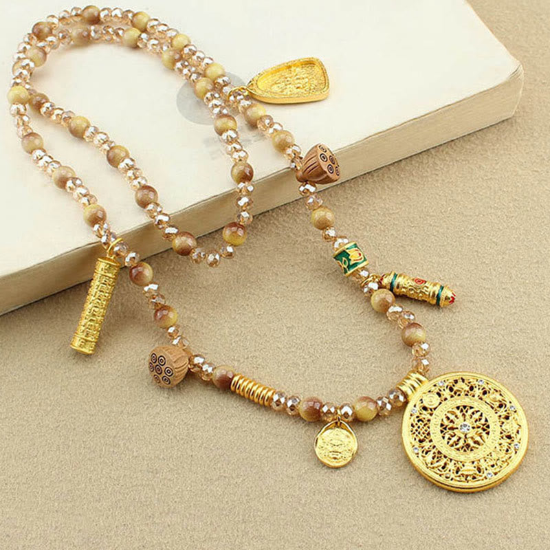 Buddha Stones Tibetan Lotus Round Plate Golden Tiger Eye Beads Necklace Pendant - image 2