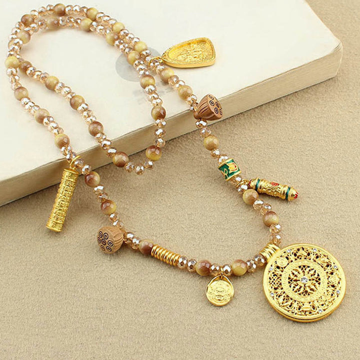 Buddha Stones Tibetan Lotus Round Plate Golden Tiger Eye Beads Necklace Pendant - image 2
