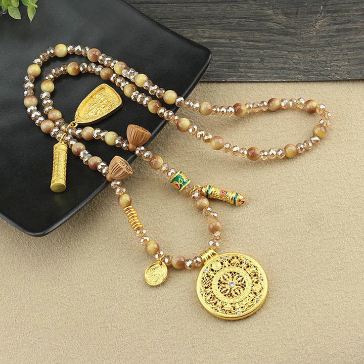Buddha Stones Tibetan Lotus Round Plate Golden Tiger Eye Beads Necklace Pendant - image 7