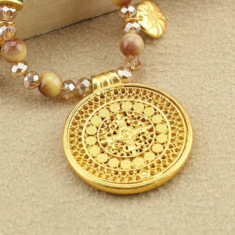 Buddha Stones Tibetan Lotus Round Plate Golden Tiger Eye Beads Necklace Pendant - image 12