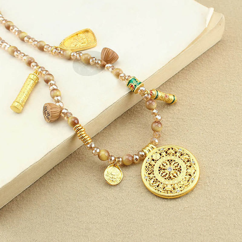 Buddha Stones Tibetan Lotus Round Plate Golden Tiger Eye Beads Necklace Pendant - image 1