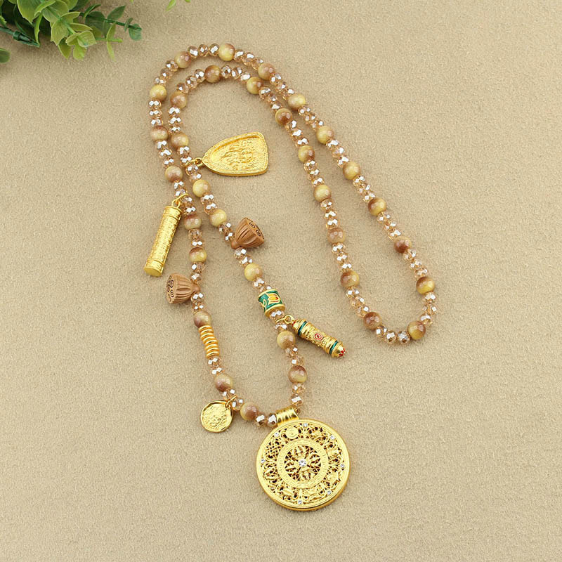 Buddha Stones Tibetan Lotus Round Plate Golden Tiger Eye Beads Necklace Pendant - image 9