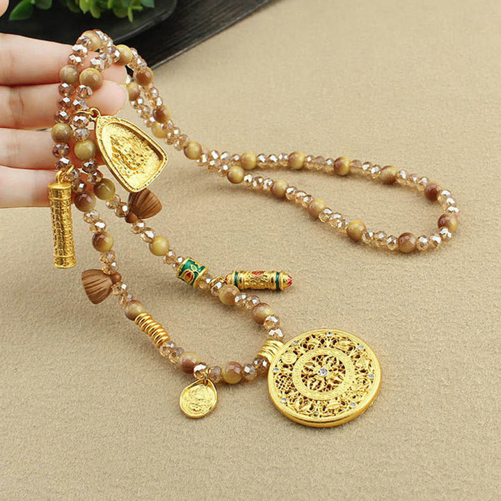 Buddha Stones Tibetan Lotus Round Plate Golden Tiger Eye Beads Necklace Pendant - image 4