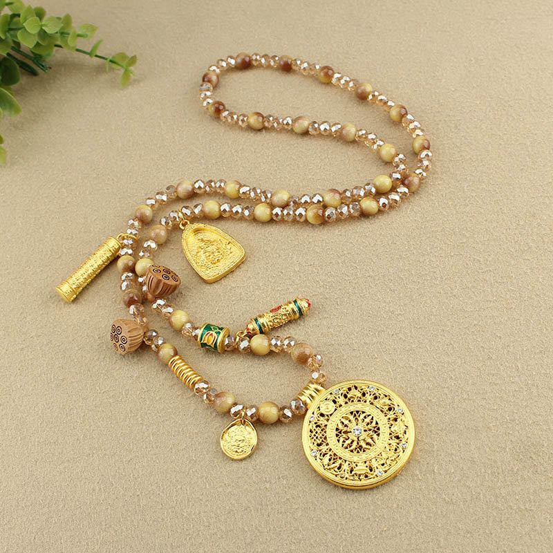Buddha Stones Tibetan Lotus Round Plate Golden Tiger Eye Beads Necklace Pendant - image 8
