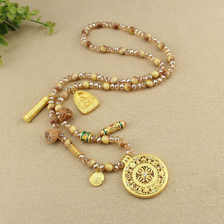 Buddha Stones Tibetan Lotus Round Plate Golden Tiger Eye Beads Necklace Pendant - image 8