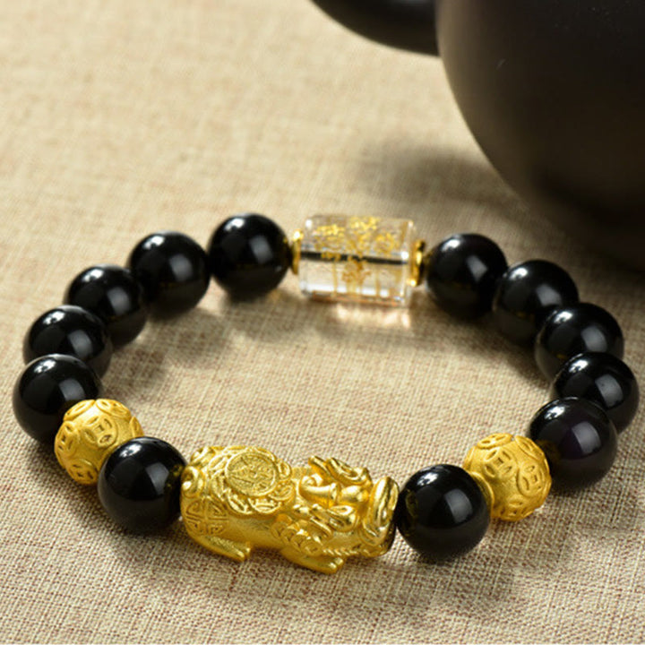 Buddha Stones Fengshui Copper Pixiu Rainbow Obsidian Beads Wealth Bracelet - Copper Coins & Fortune & Brass Pixiu(Wrist circumference:18-19cm) - image 17