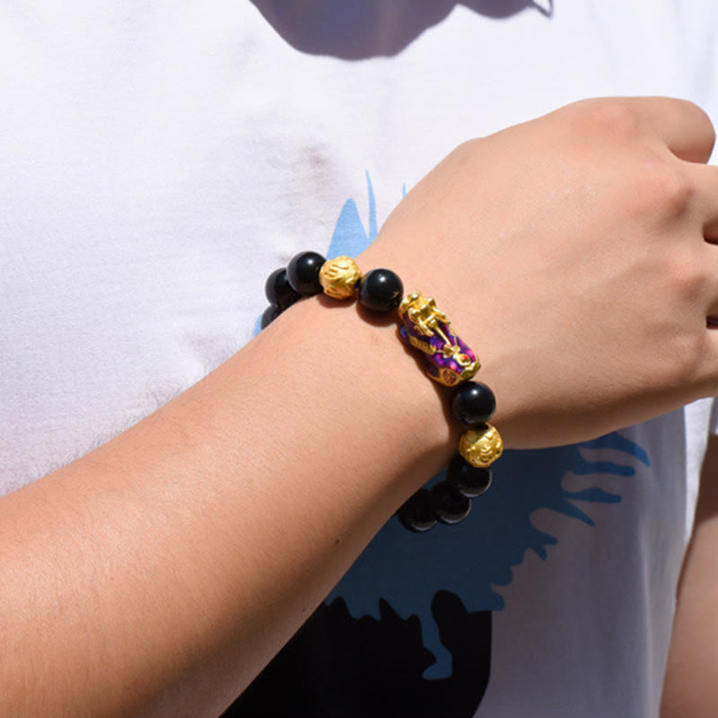 Buddha Stones Fengshui Copper Pixiu Rainbow Obsidian Beads Wealth Bracelet - image 11