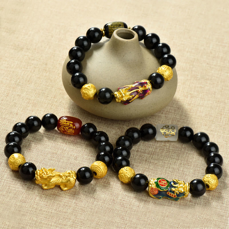 Buddha Stones Fengshui Copper Pixiu Rainbow Obsidian Beads Wealth Bracelet - image 28
