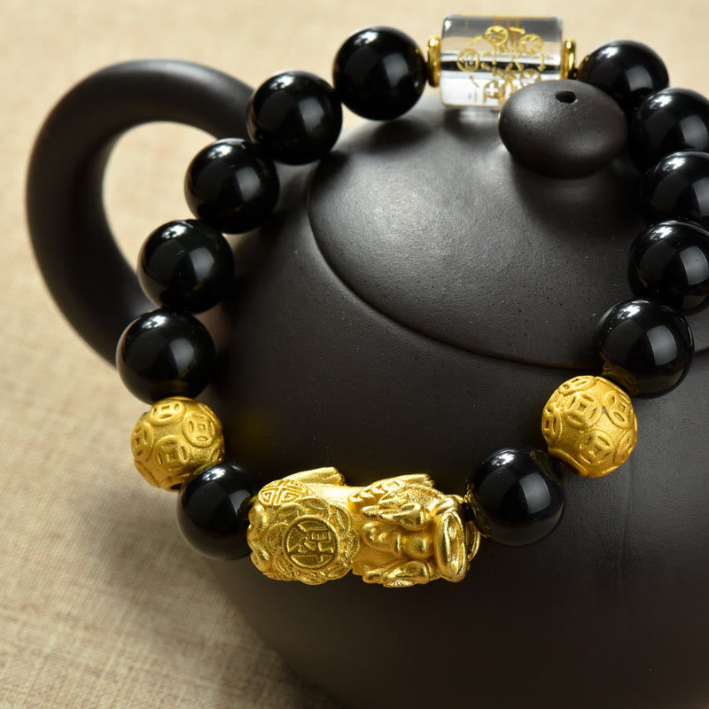 Buddha Stones Fengshui Copper Pixiu Rainbow Obsidian Beads Wealth Bracelet - image 19