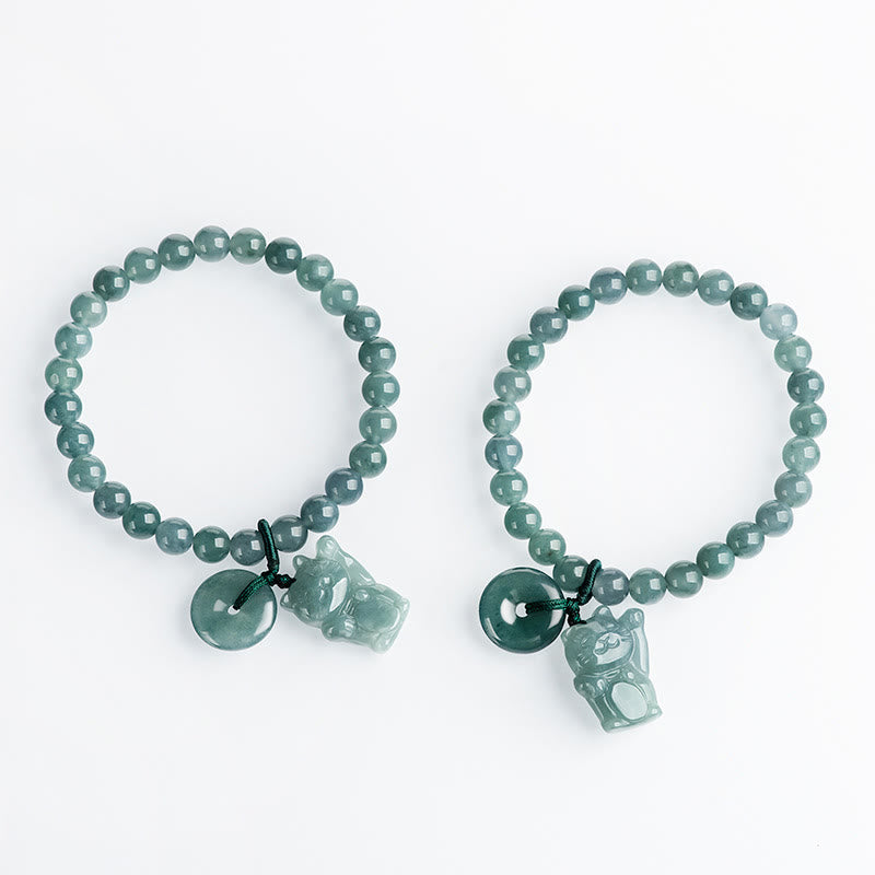 Buddha Stones Blue Jade Peace Buckle Lucky Cat Prosperity Bracelet - image 9