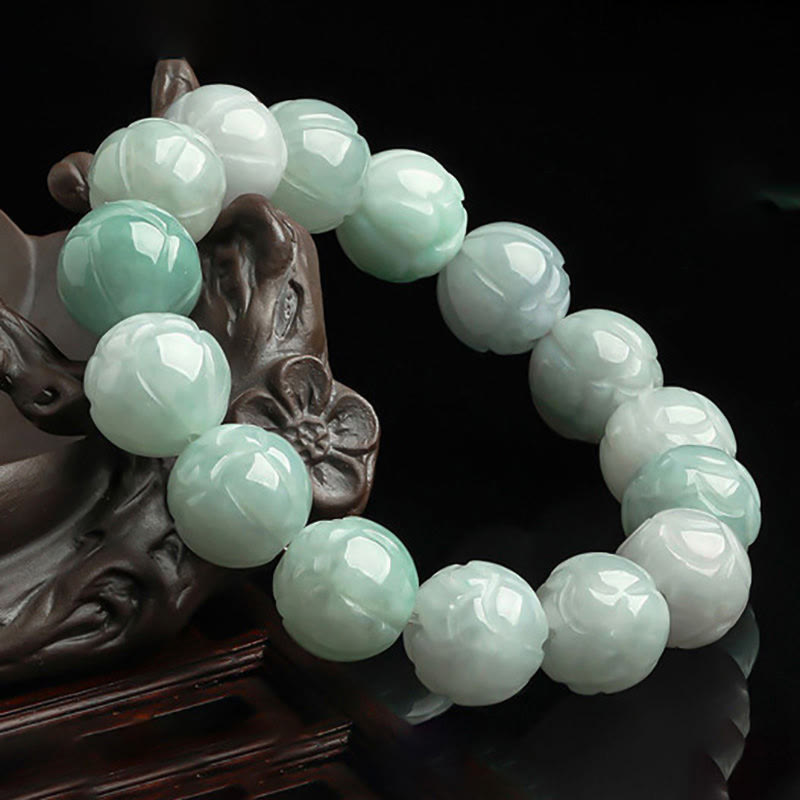 Buddha Stones Natural Jade Lotus Carving Prosperity Bracelet - image 1