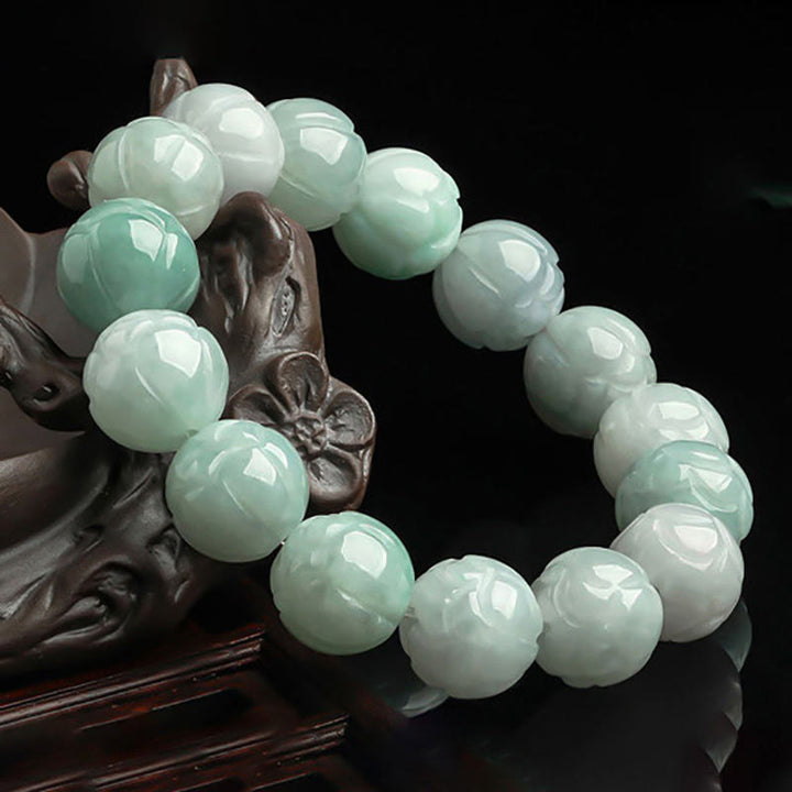 Buddha Stones Natural Jade Lotus Carving Prosperity Bracelet - image 1