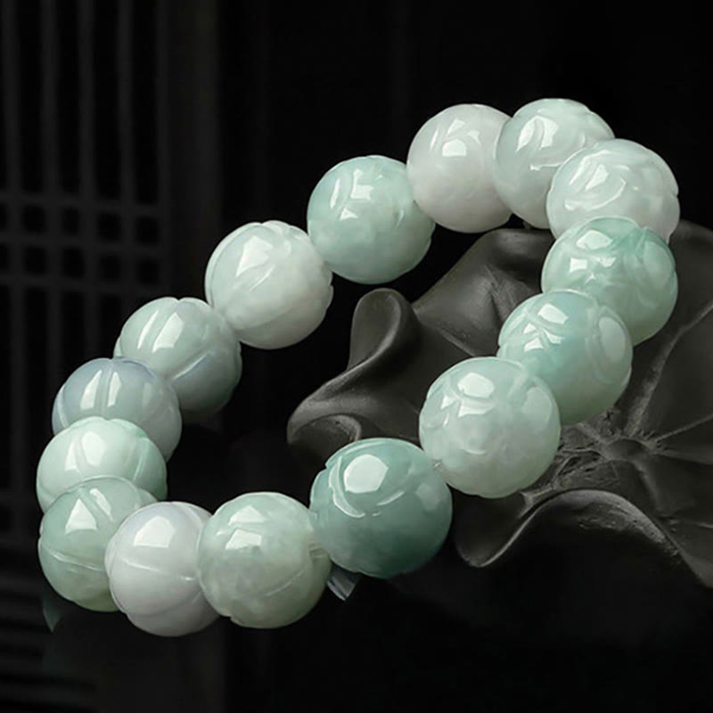 Buddha Stones Natural Jade Lotus Carving Prosperity Bracelet - image 2